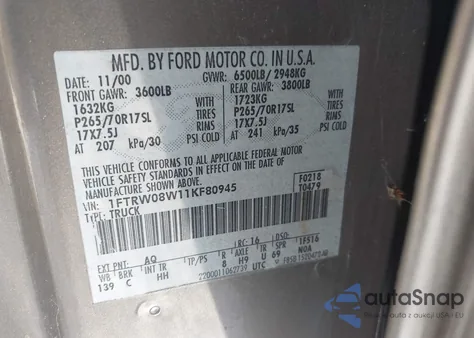 2001 Ford F-150 King Ranch Edition/Lariat/Xlt из США, поврежденный, VIN 1FTRW08W11KF80945